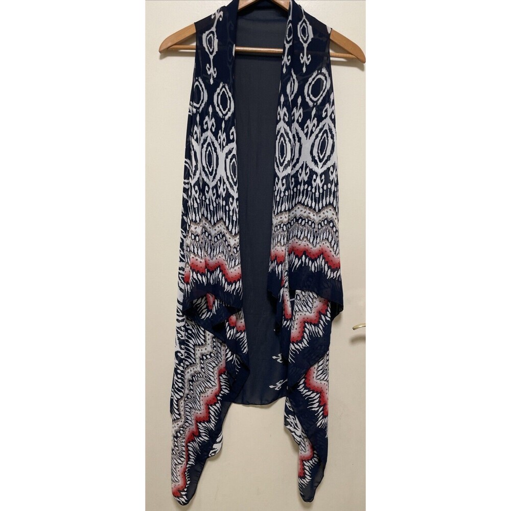 Vintage Open Front Long VEST  Shirt Boho Hippie Flowy Festival Blue Pink White